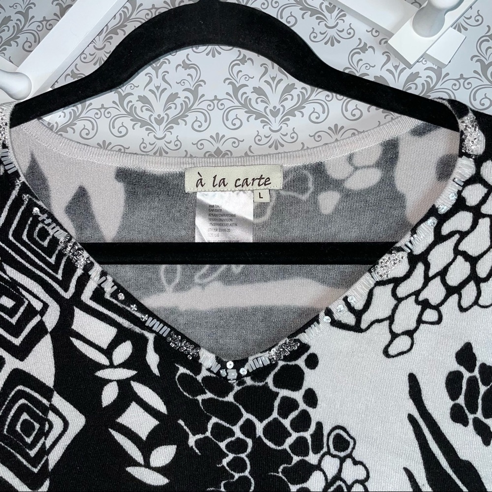 a la Carter blouse women’s size large black-white  top 3/4 sleeve ruffle - Picture 11 of 15